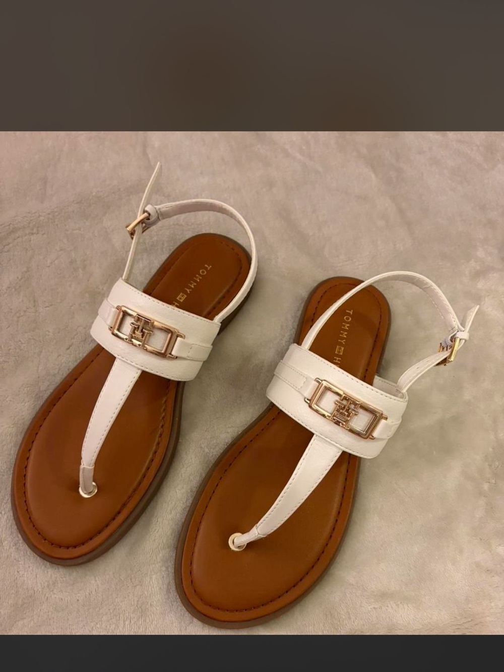 Tommy Hilfiger White T-strap Sandals with Gold Hardware